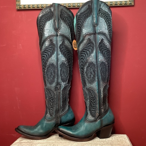 CORRAL Willow Over The Knee Black & Turquoise Western Boots ~3” Heel Inside Zip - Picture 2 of 16